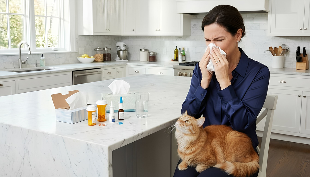 Woman with cat allergies sneezing in front of a variety of allergy medications and nasal sprays